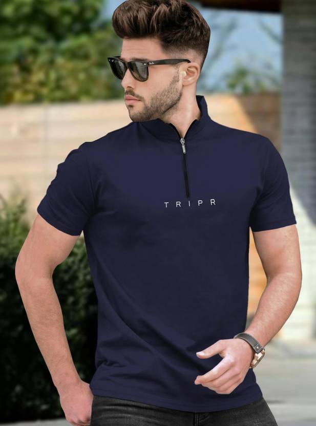 TRIPR Solid Men Henley Neck Navy Blue T-Shirt