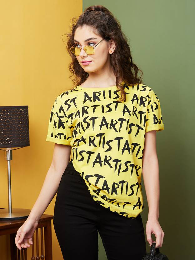 Globus Typography Women Round Neck Yellow T-Shirt