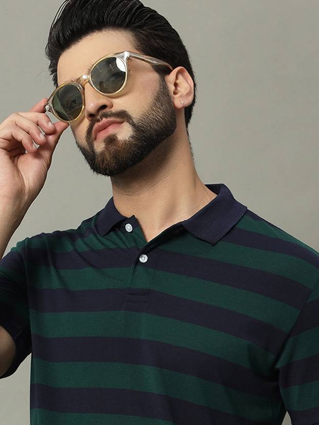 GETGOLF Men Striped Polo Neck Cotton Blend Dark Blue T-Shirt