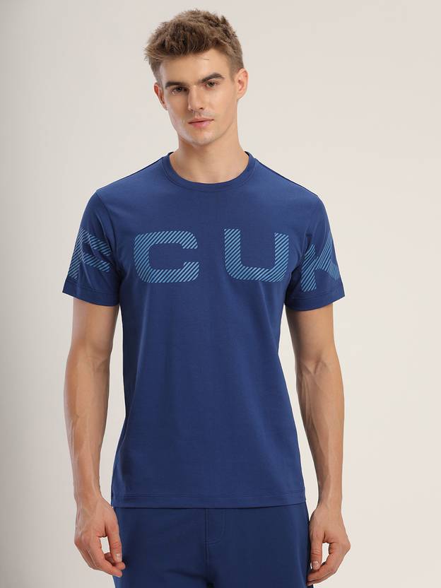 FCUK Men Typography Cowl Neck Cotton Blend Blue T-Shirt