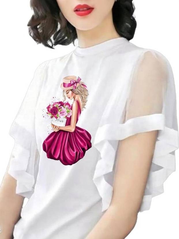 INDIAN EAGLE Women Solid High Neck Polyester White T-Shirt