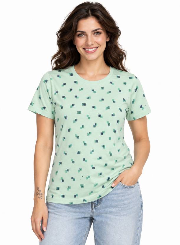 BNT Printed Women Round Neck Light Green T-Shirt