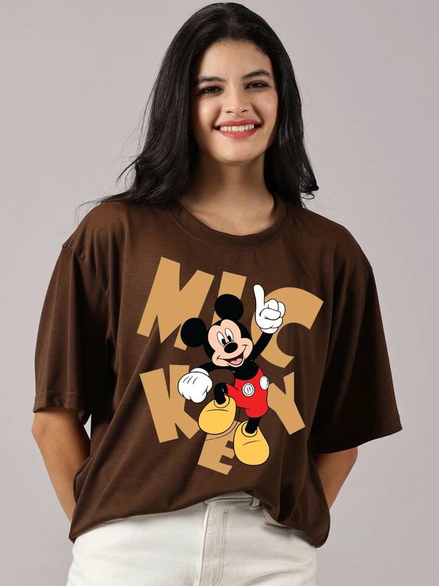 DISNEY by DreamBe Women Printed Round Neck Cotton Blend Brown T-Shirt