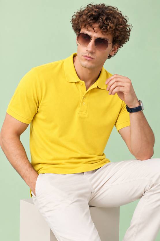 DAVNO Men Solid Polo Neck Pure Cotton Yellow T-Shirt