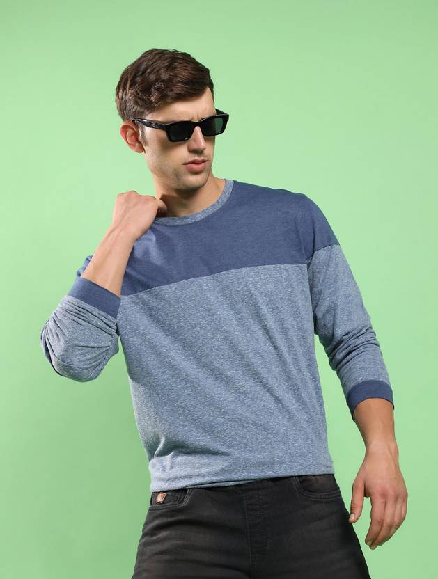 CAHOOT Men Colorblock Round Neck Pure Cotton Blue T-Shirt