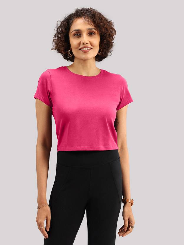 BlissClub Women Solid Round Neck Cotton Blend Pink T-Shirt