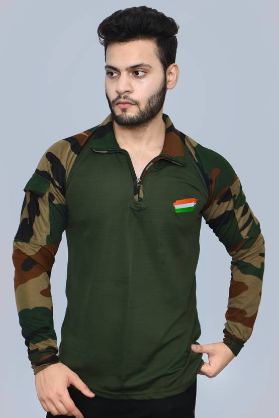 AZYXREN Men Military Camouflage Polo Neck Cotton Blend Light Green T-Shirt