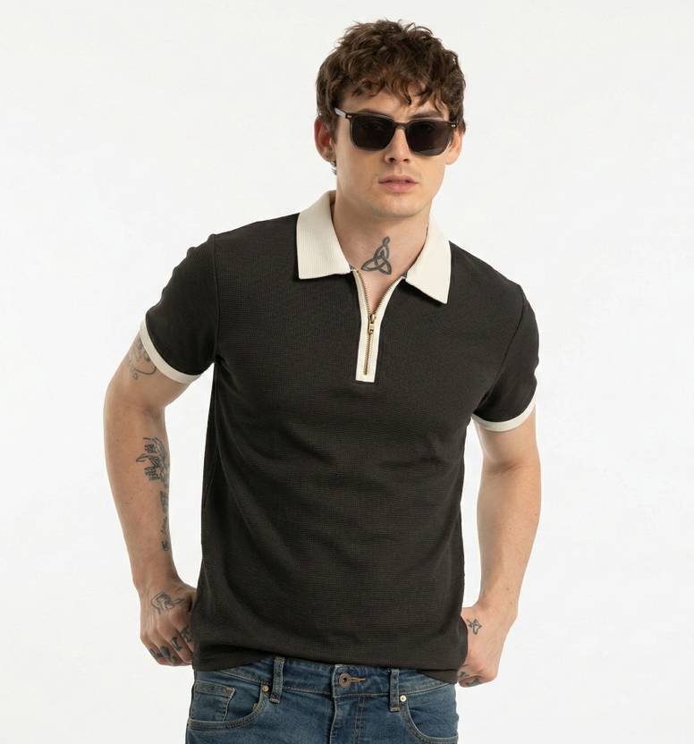 Bairagi Men Self Design Polo Neck Cotton Blend Black, White T-Shirt