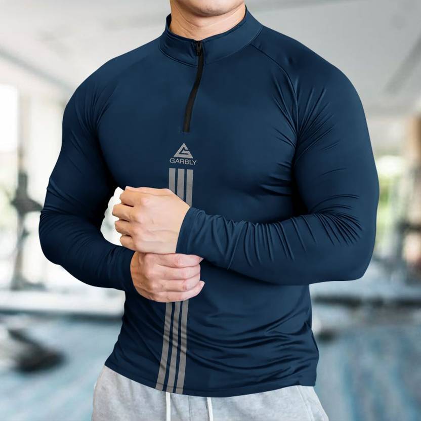GGARBLY Men Solid High Neck Polyester Navy Blue T-Shirt