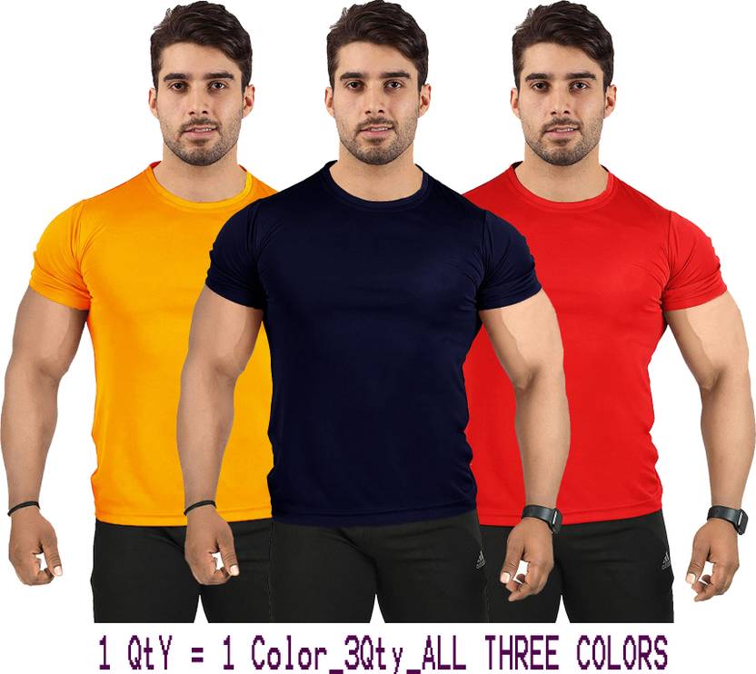 UDI n ADI Men Solid Round Neck Polyester Dark Blue, Red, Yellow T-Shirt