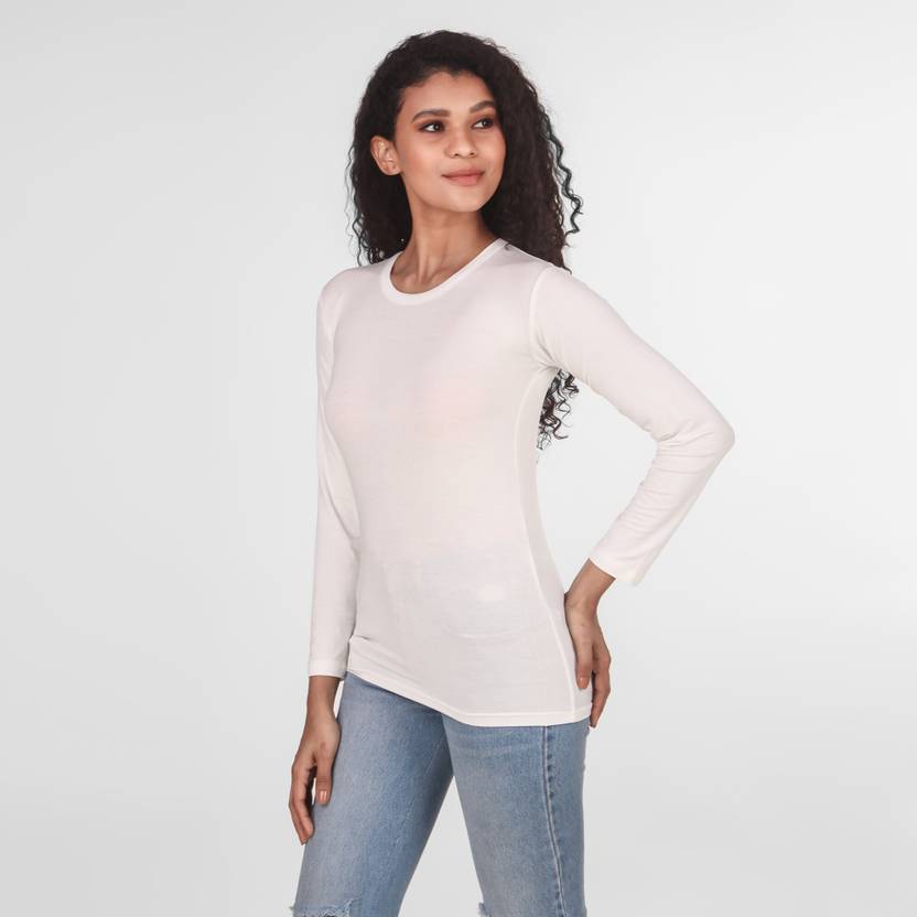69 FASHION STREET Women Solid Round Neck Cotton Blend White T-Shirt