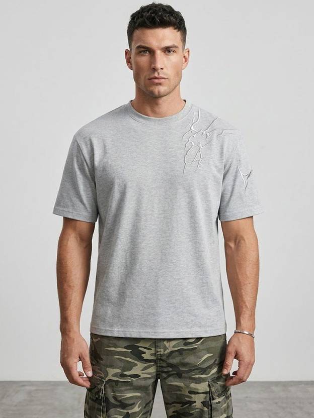 Suo Men Printed Round Neck Polyester Grey T-Shirt