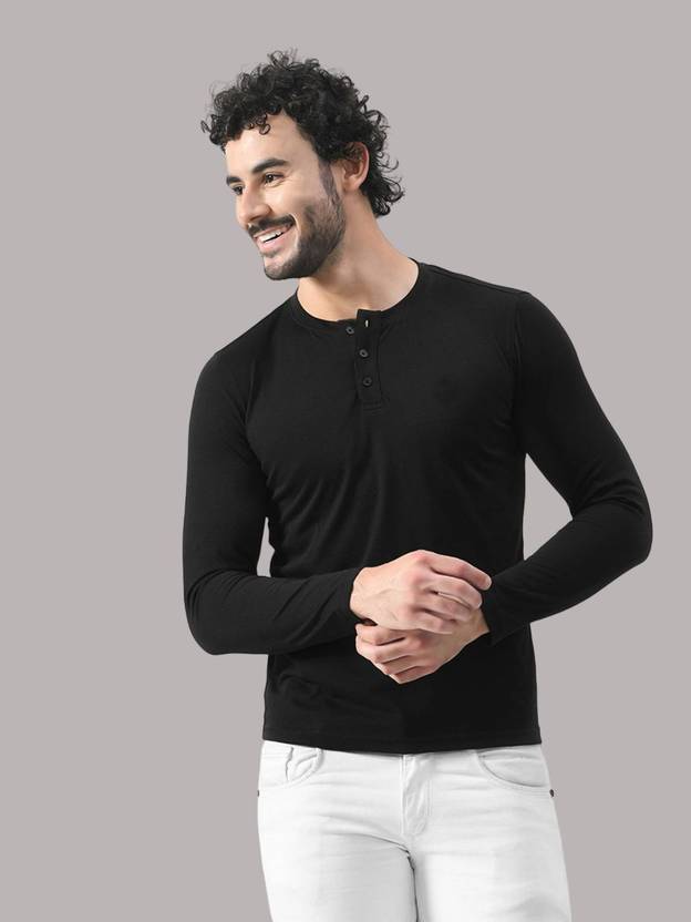 Blisstone Men Solid Henley Neck Cotton Blend Black T-Shirt