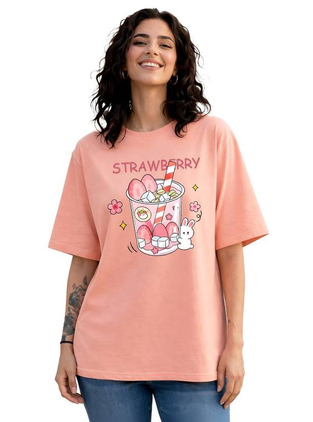 BELTLY Printed Women Round Neck Pink T-Shirt