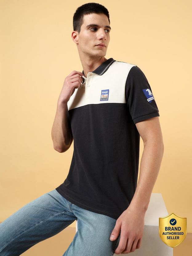 Wrangler Colorblock Men Polo Neck Black T-Shirt