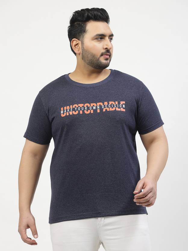 PLUSS Men Typography Round Neck Pure Cotton Blue T-Shirt