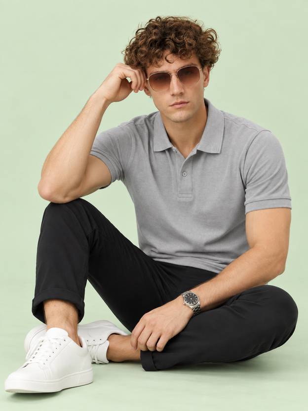 DAVNO Men Solid Polo Neck Pure Cotton Grey T-Shirt