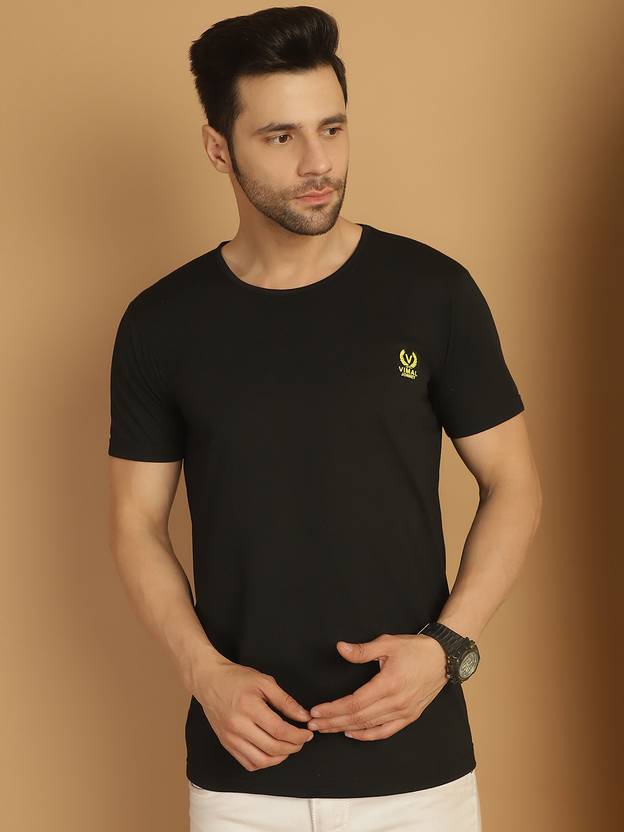 MACK JONNEY Men Solid Round Neck Cotton Blend Black T-Shirt