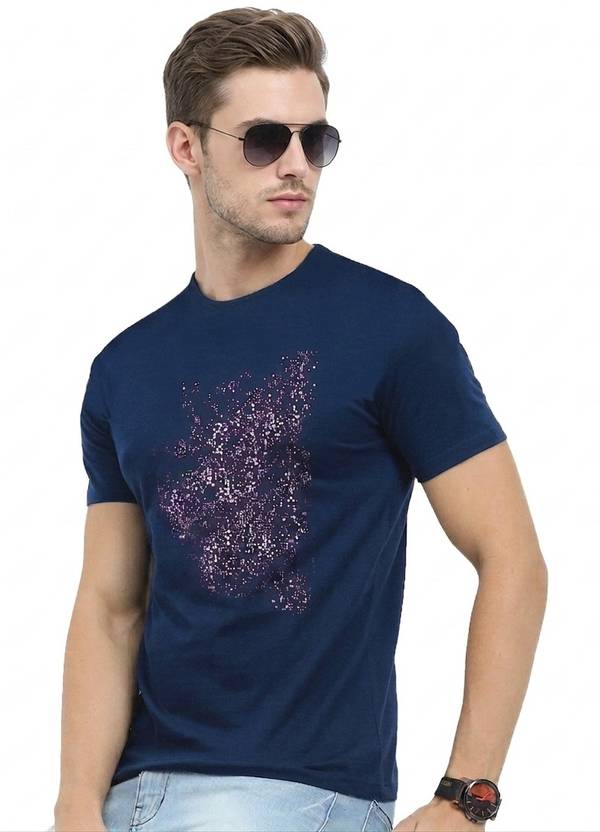 Reya Men Graphic Print Round Neck Cotton Blend Navy Blue T-Shirt