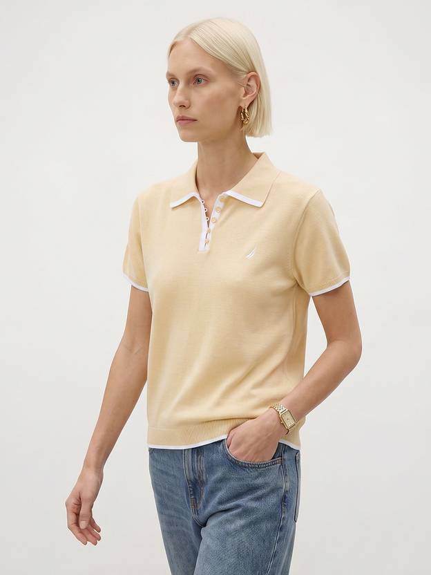 NAUTICA Women Solid Polo Neck Pure Cotton Yellow T-Shirt