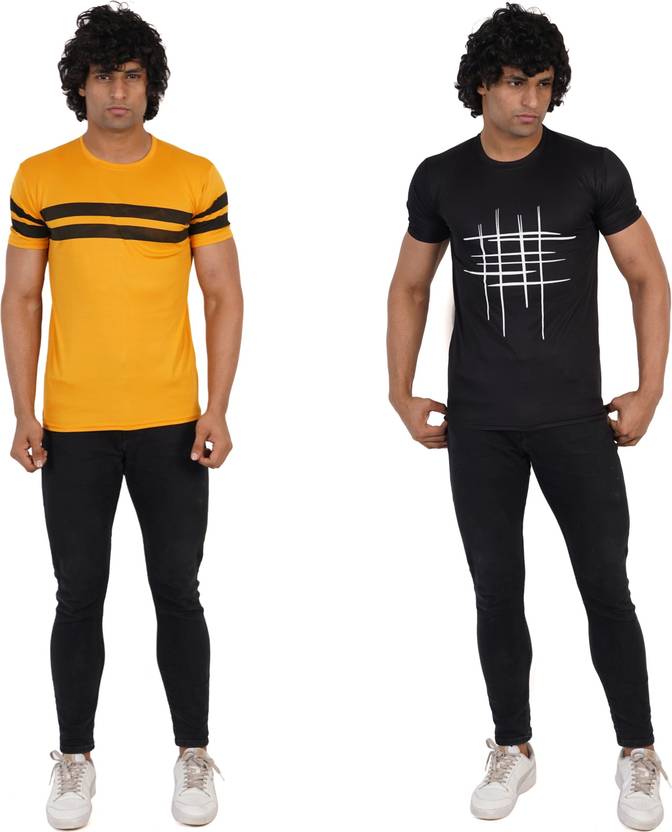 Farccilu Men Graphic Print Round Neck Polyester Yellow, Black T-Shirt