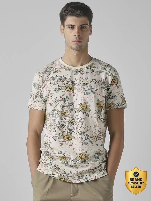 MUFTI Floral Print Men Crew Neck Beige T-Shirt