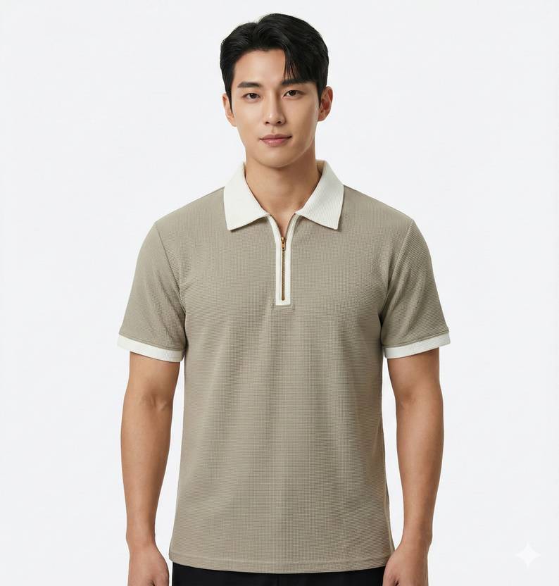 Bairagi Men Self Design Polo Neck Cotton Blend Grey, White T-Shirt