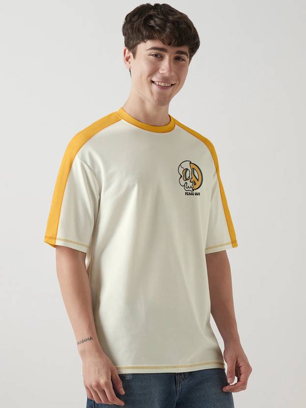 Crazymonk Men Printed Round Neck Pure Cotton Yellow T-Shirt
