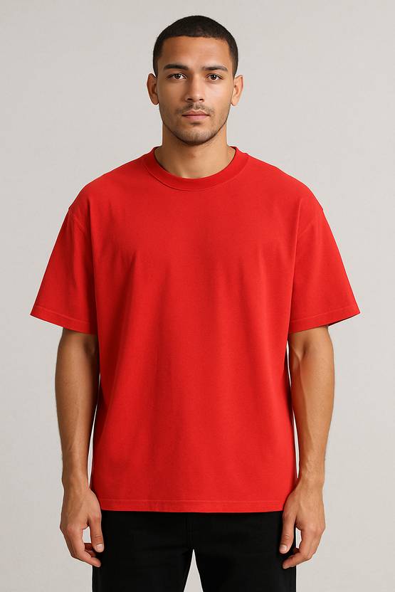 CULTURECREW Men Solid Round Neck Pure Cotton Red T-Shirt