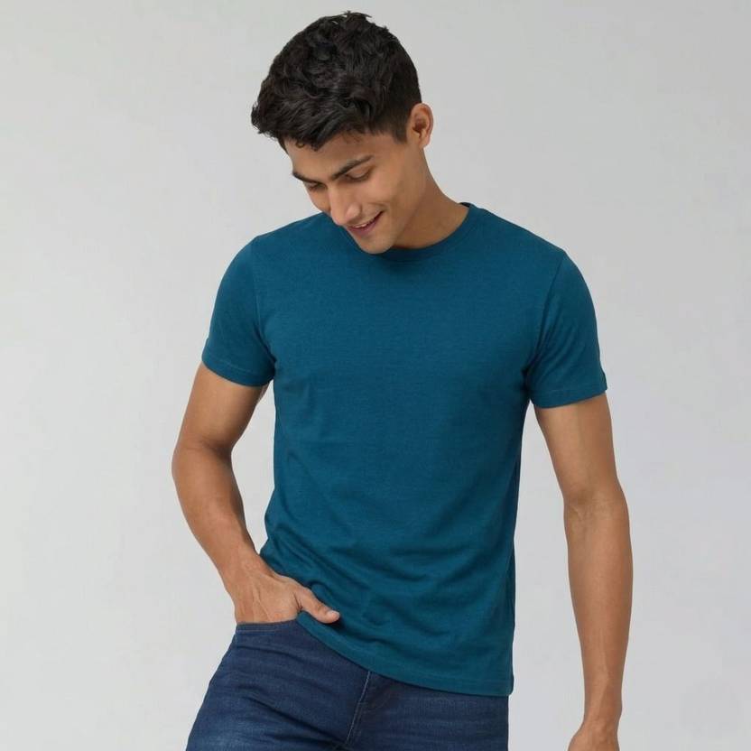 TheLayrClub Men Solid Round Neck Cotton Blend Dark Blue T-Shirt