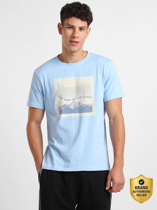 NOBERO Men Typography Crew Neck Pure Cotton Light Blue T-Shirt