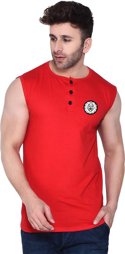 Money Leaf Men Graphic Print Henley Neck Cotton Blend Red T-Shirt