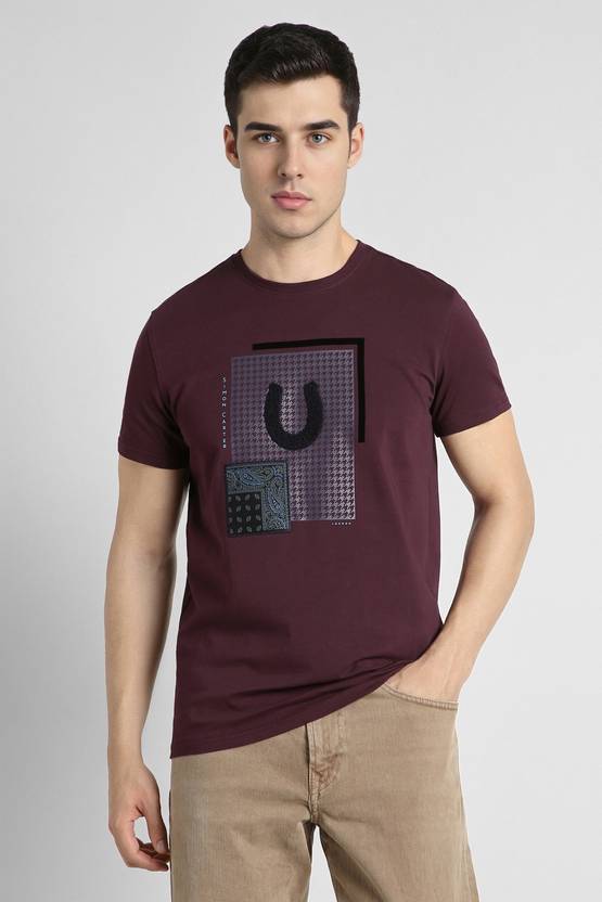 Simon Carter London Men Graphic Print Crew Neck Cotton Blend Maroon T-Shirt