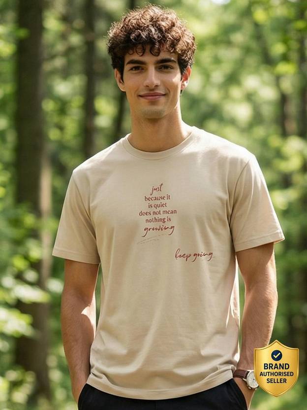NOBERO Men Printed Round Neck Pure Cotton Beige T-Shirt