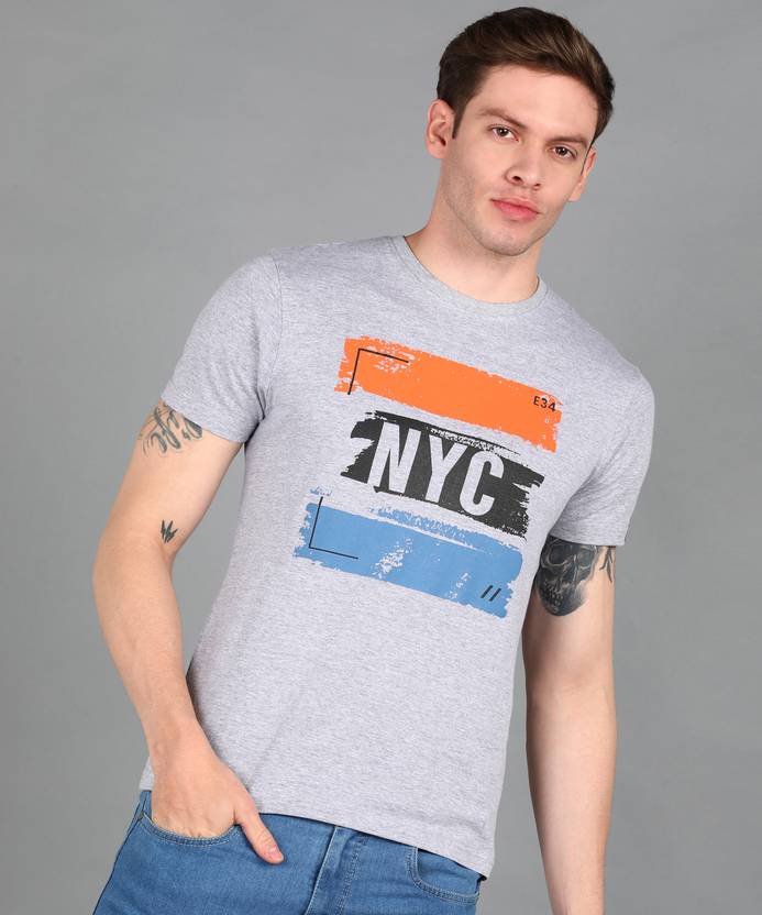 Urbano Fashion Men Printed Round Neck Pure Cotton Grey T-Shirt
