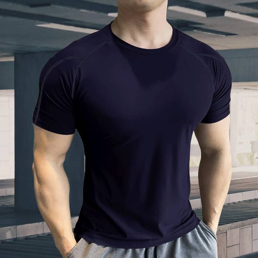 BELACHY Men Solid Round Neck Polyester Dark Blue T-Shirt