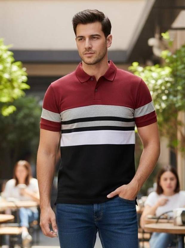 MAFURD Striped, Self Design Men Polo Neck Multicolor T-Shirt