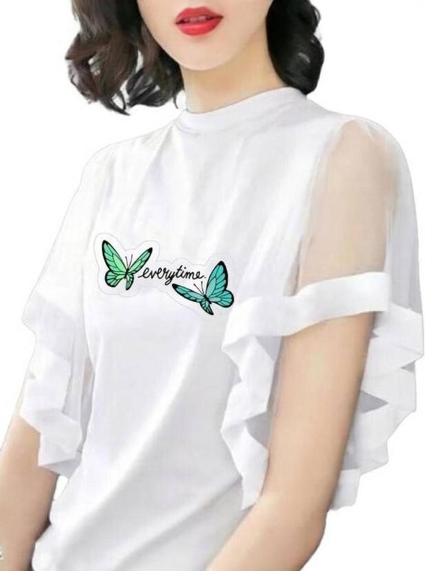 INDIAN EAGLE Women Solid High Neck Polyester White T-Shirt