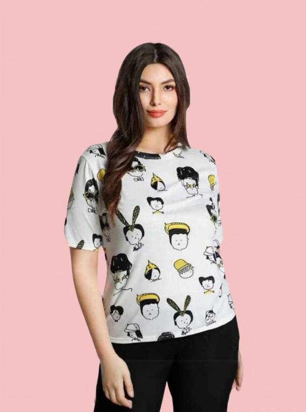 JUNEBERRY Printed Women Round Neck White T-Shirt