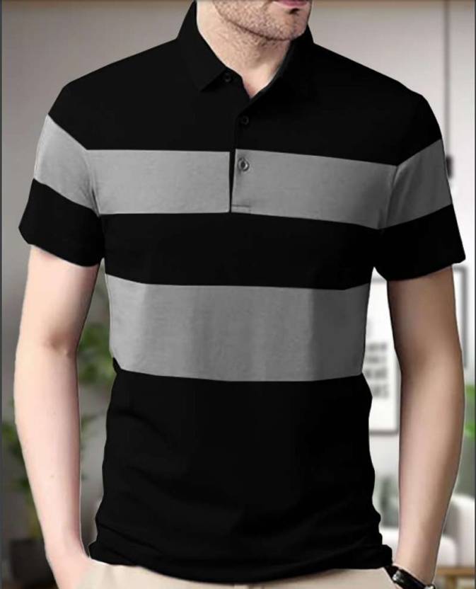 GARBLY Men Colorblock Polo Neck Cotton Blend Black T-Shirt
