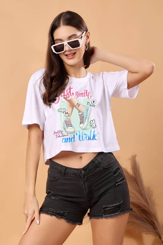 CORSICA Women Printed Round Neck Pure Cotton White T-Shirt