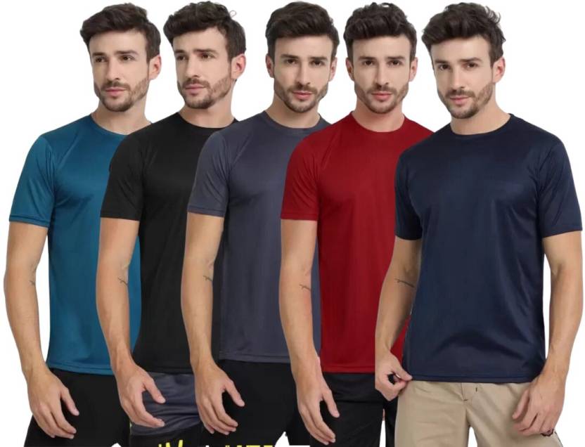 [Sizes M, L, XL] Smartees Pack of 5 Men Solid Round Neck Polyester Multicolor T-Shirt