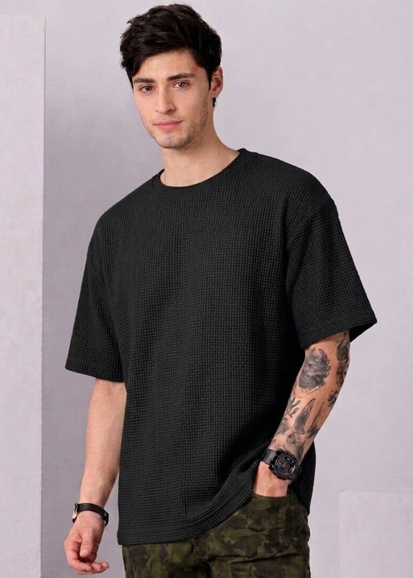 Rufica Men Self Design Round Neck Bamboo Black T-Shirt