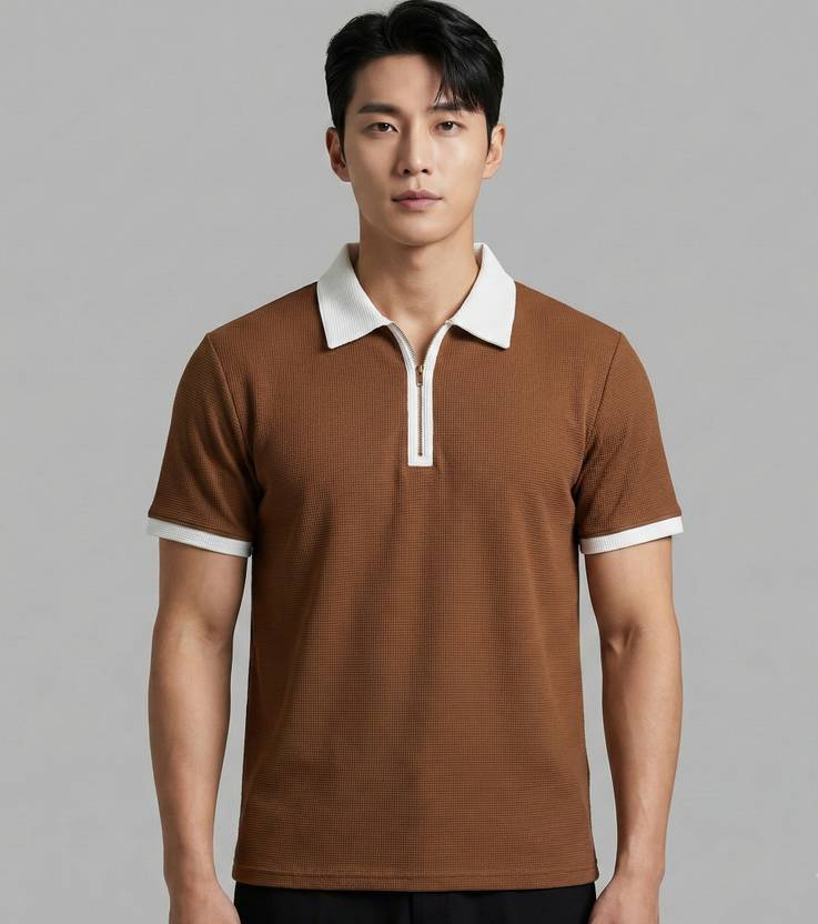 Bairagi Men Self Design Polo Neck Cotton Blend Brown, White T-Shirt