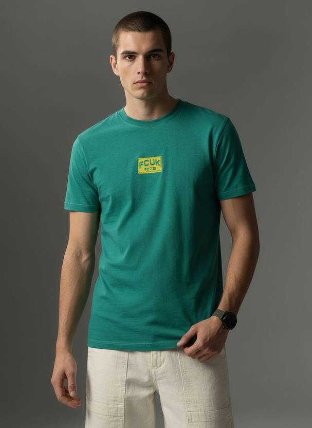 FCUK Men Printed Round Neck Pure Cotton Green T-Shirt