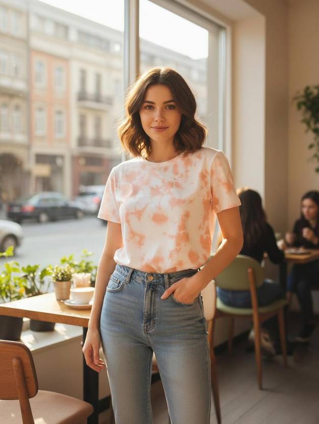 Leriya Fashion Women Tie & Dye Round Neck Cotton Blend Beige, White T-Shirt