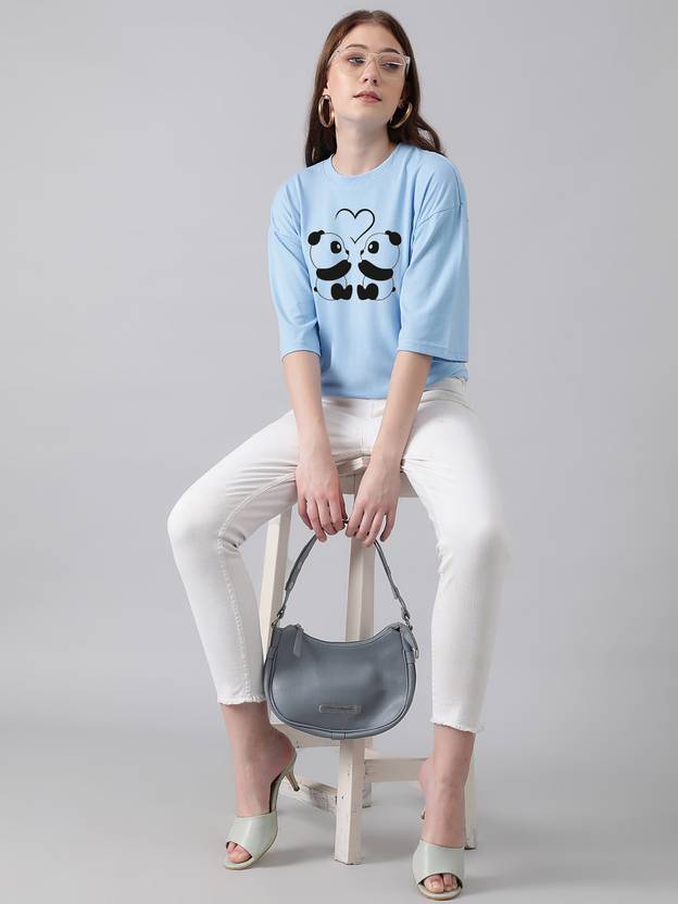 KOTTY Women Printed Round Neck Cotton Blend Light Blue T-Shirt
