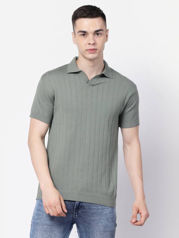 KALT Men Self Design Polo Neck Cotton Blend Light Green T-Shirt