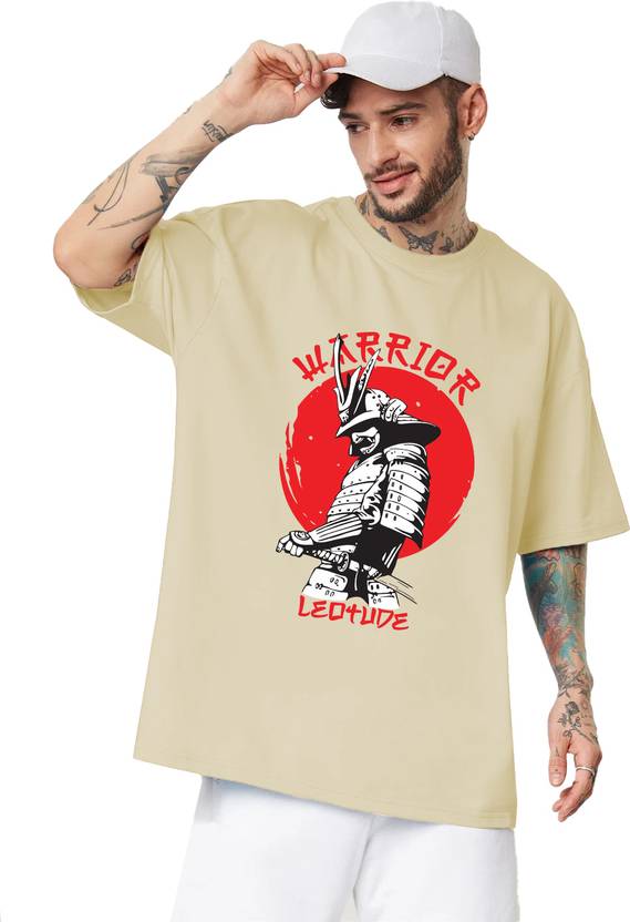 Leotude Men Printed Round Neck Cotton Blend Beige T-Shirt