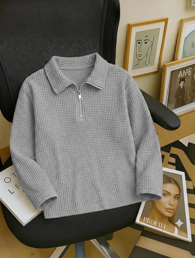 HOODLER Men Self Design Zip Neck Cotton Blend Grey T-Shirt